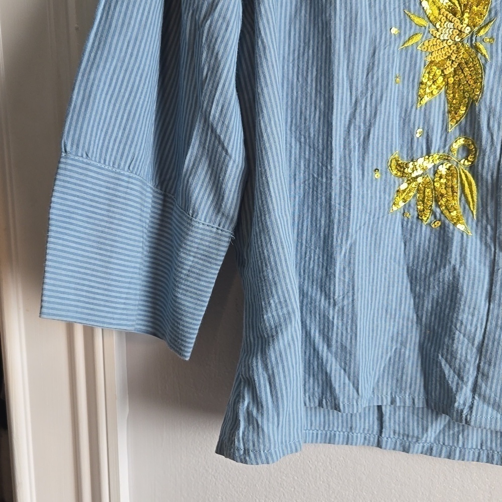 Anthropologie Maeve Gold Sequin Poplin Buttondown Blouse Blue Stripe-Size 2 - Picture 15 of 17